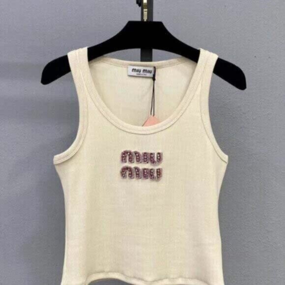 Miu Miu Ivory Tank Top with Embellished Logo - Picture 1 of 4